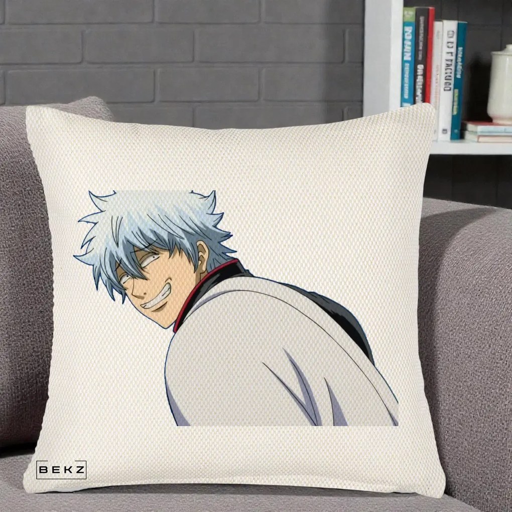 Perna Personalizata Gintama Gintoki Portret cu Zambet, 40x40 cm, Crem Reliefat, Husa Detasabila, Perna Inclusa, BEKZ®