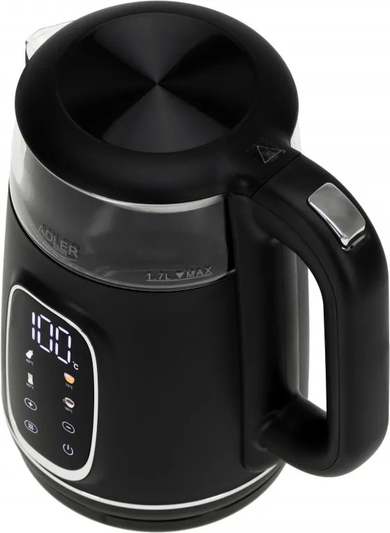 Cana electrica Adler AD 1305 BS, 1850/2200 W, 1,7 L, Control tactil, Afisaj LCD color, 5 setari de temperatura 40-100°C, Filtru anticalcar, Negru/Gri