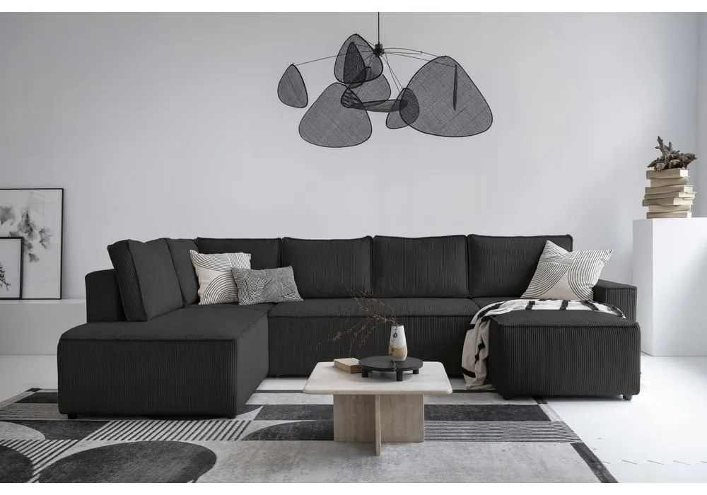 Colțar gri antracit extensibil cu tapițerie din catifea reiată (cu colț pe partea stângă /în formă de "U") Brave Dave – Miuform