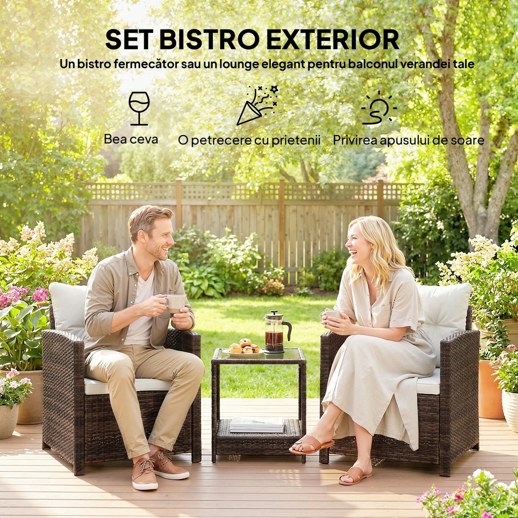 Outsunny Set Bistro pentru Exterior 3 Piese din Ratan cu Măsuță pe 2 Niveluri, Perne pentru Balcon și Terasă, Maro și Crem | Aosom Romania