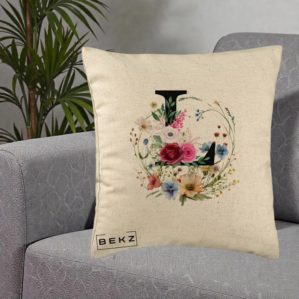 Cadou Personalizat - Perna Personalizata Monogram Litera L cu Flori Acuarela, 40x40 cm, Bej, Husa Detasabila, Perna Inclusa, BEKZ®