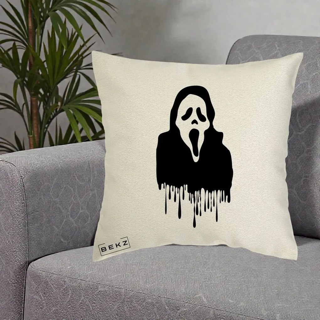 Perna Personalizata Halloween Ghostface Scream Picurand, 40x40 cm, Ecru, Husa Detasabila, Perna Inclusa, BEKZ®