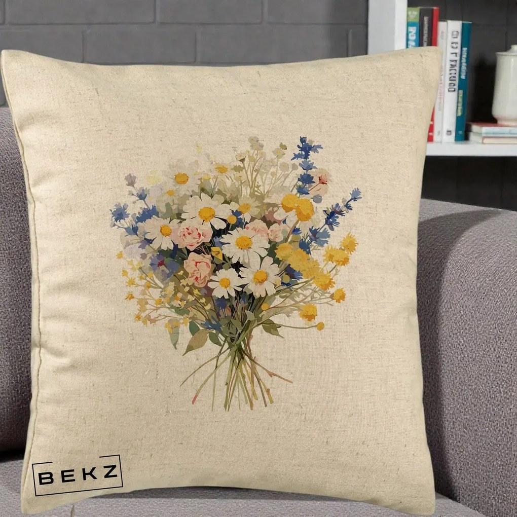 Perna Decorativa Buchet Camp Acuarela Margarete-Lavanda, 40x40 cm, Bej, Husa Detasabila, Perna Inclusa, BEKZ®