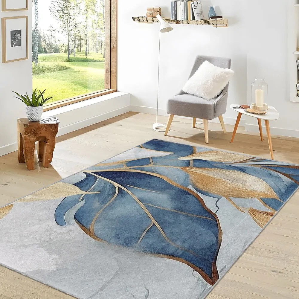 Covor albastru/auriu lavabil 120x180 cm Golden Leaves – Mila Home