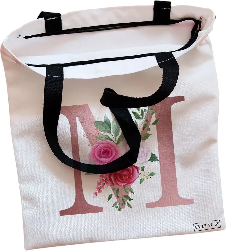 Sacosa de Panza pentru Cumparaturi, Geanta Tote, Cu litera M Rose Gold si Trandafiri, Cu fermoar, 38x34.5 cm, Alba, BEKZ®