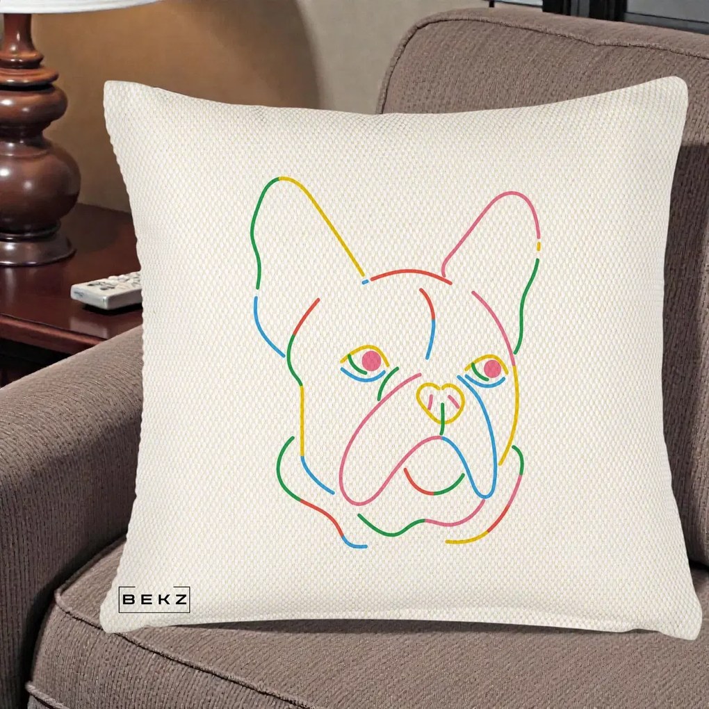 Perna Decorativa Bulldog Francez Line Art Curcubeu, 40x40 cm, Crem Reliefat, Husa Detasabila, Perna Inclusa, BEKZ®