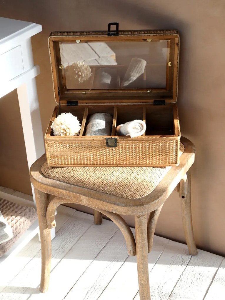 Taburet din lemn de cauciuc, rattan si rachita, cu aspect vintage , Old French