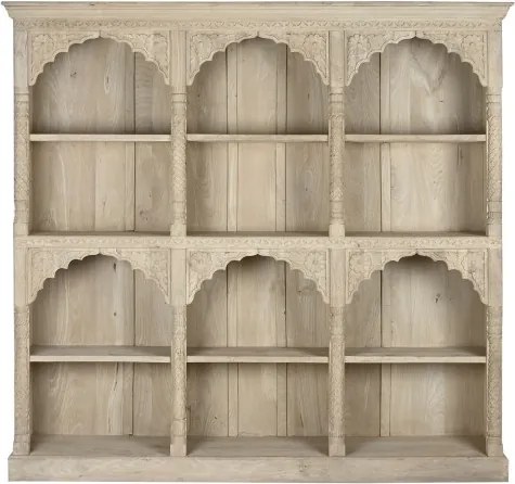 Bibliotecă sculptată manual din lemn masiv, finisaj natural, 9 nișe cu arcade mughal, 204×38×196 cm, „Navaratna"