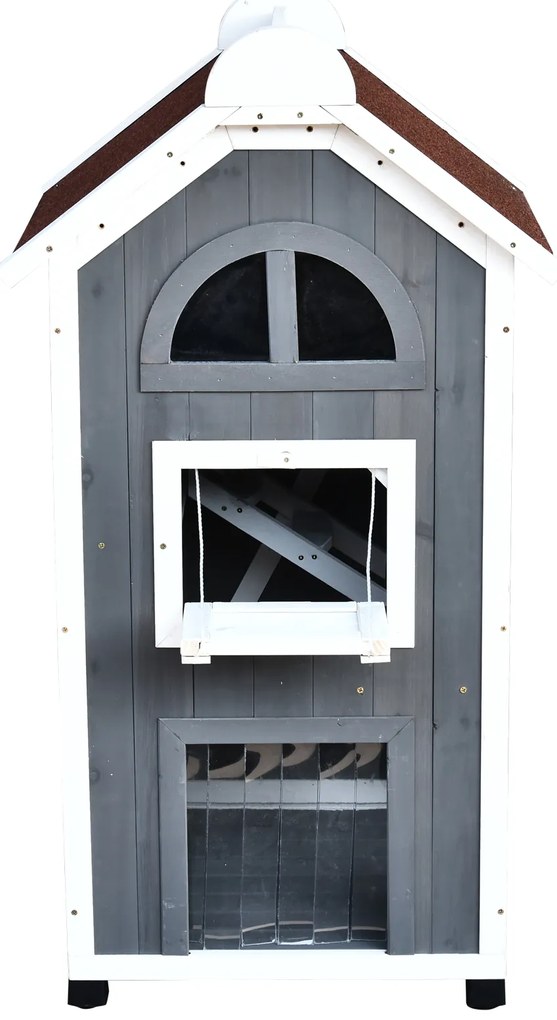 PawHut Casa pentru pisici cu pat sau litieră pentru pisici, dulap pentru pisici, toaletă pentru pisici în interior, lemn de brad, acoperiș de asfalt, Gri, 59 x 55 x 109 cm | Aosom Romania