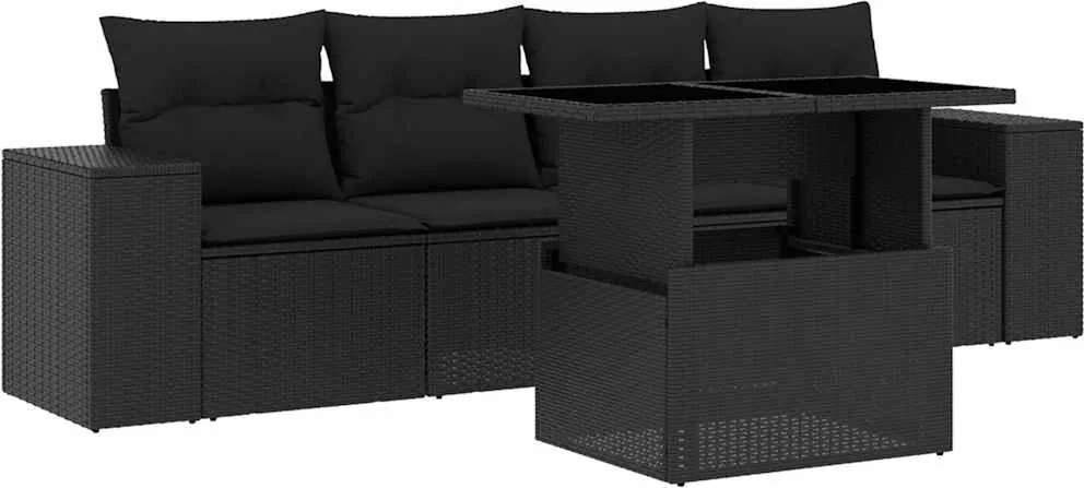 vidaXL Set mobilier de grădină cu perne, 5 piese, negru, poliratan
