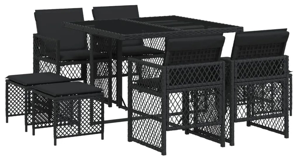 3210775 vidaXL Set mobilier de grădină cu perne, 9 piese, negru, poliratan