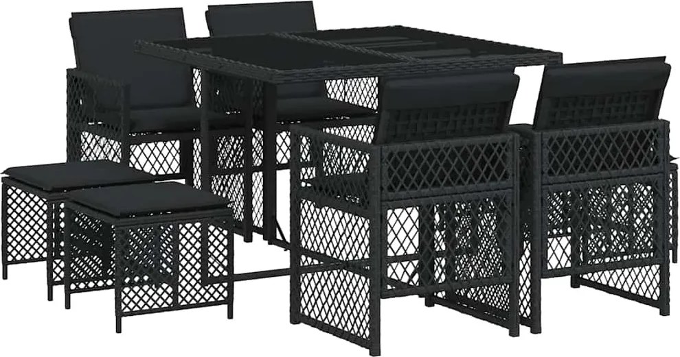 vidaXL Set mobilier de grădină cu perne, 9 piese, negru, poliratan