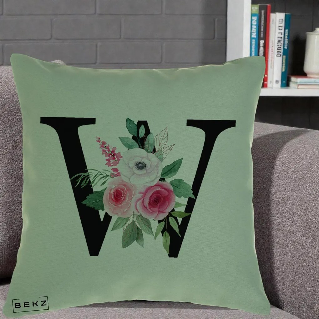 Cadou Personalizat - Perna Personalizata Monograma Florala Litera W cu Trandafiri si Anemona, 40x40 cm, Verde, Husa Detasabila, Perna Inclusa, BEKZ®