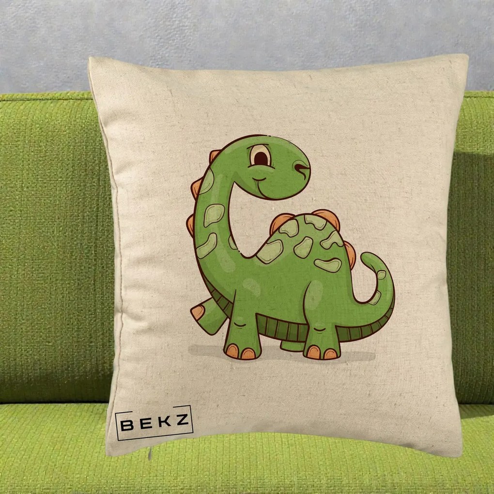 Perna Decorativa Brontosaur Verde Simpatic, 40x40 cm, Bej, Husa Detasabila, Perna Inclusa, BEKZ®
