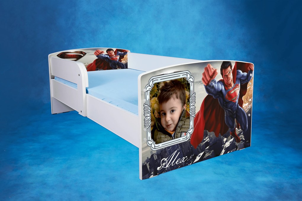 Pat personalizat Baieti 2-12 ani Model Superman cu nume si poza copil, saltea 160x80, fara sertar ptv2803
