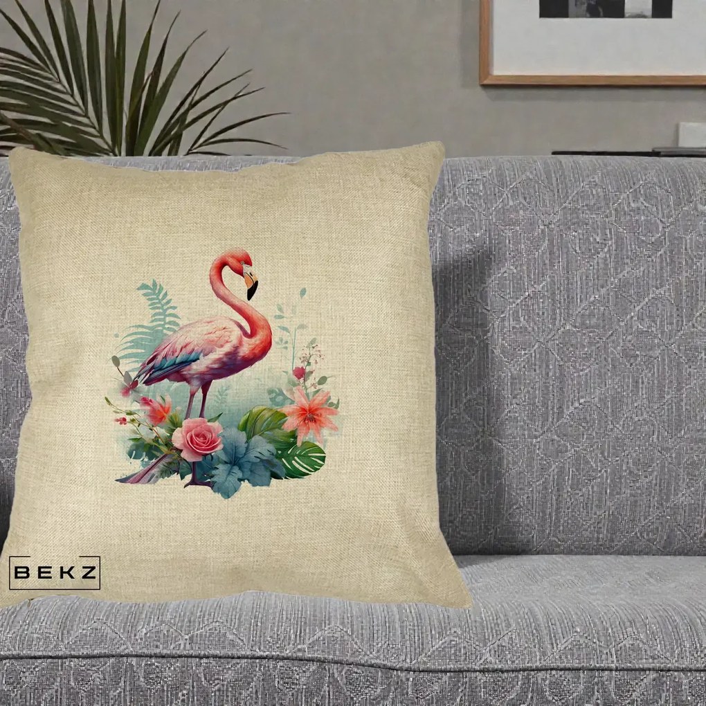 Perna Decorativa Flamingo cu Flori Tropicale Acuarela, 40x40 cm, Crem, Husa Detasabila, Perna Inclusa, BEKZ®