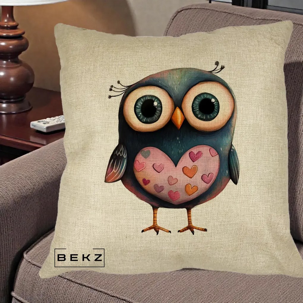 Perna Decorativa Bufnita cu Inimioare Roz, 40x40 cm, Crem, Husa Detasabila, Perna Inclusa, BEKZ®