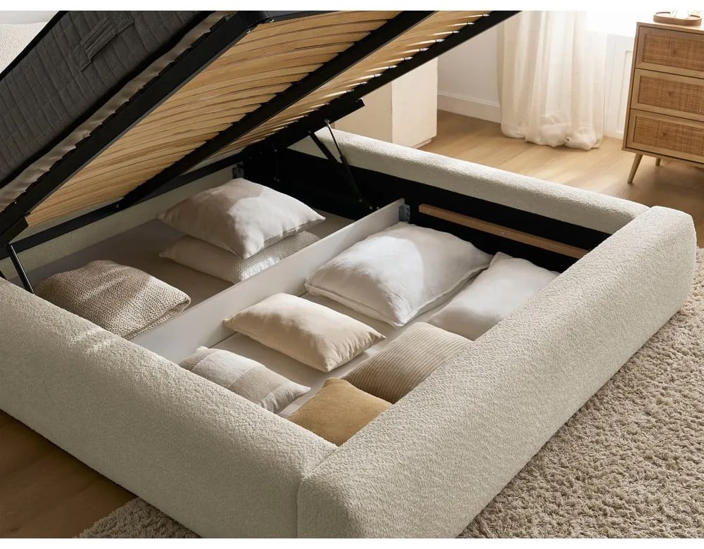 Pat matrimonial bej tapițat cu spațiu de depozitare cu somieră 160x200 cm Orlane – Bobochic Paris