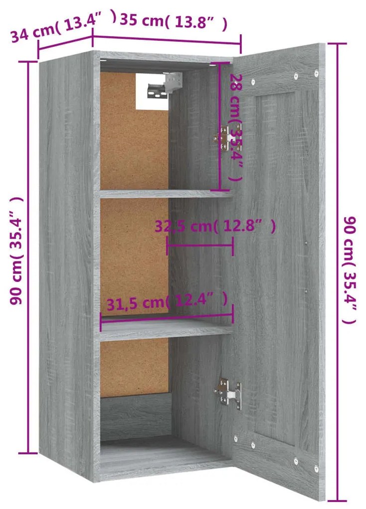 Dulap suspendat, gri sonoma, 35x34x90 cm, lemn prelucrat sonoma gri, 1