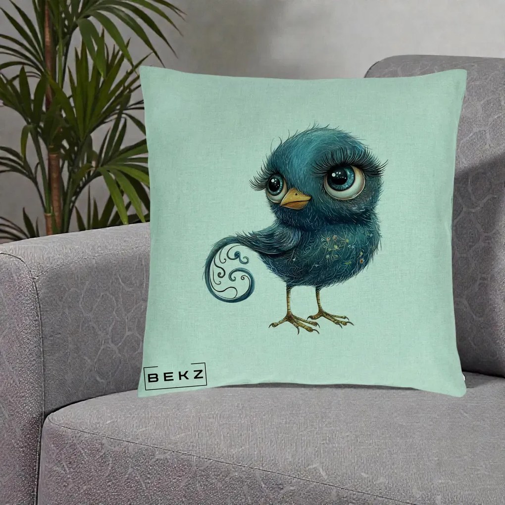 Perna Decorativa Pasare Teal cu Motive Aurii si Coada Spiralata, 40x40 cm, Verde Menta, Husa Detasabila, Perna Inclusa, BEKZ®