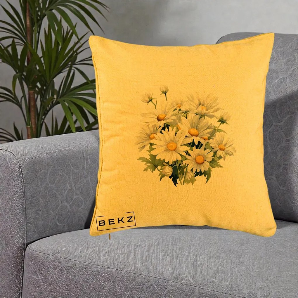 Perna Decorativa Buchet Margarete Albe Acuarela, 40x40 cm, Galben, Husa Detasabila, Perna Inclusa, BEKZ®