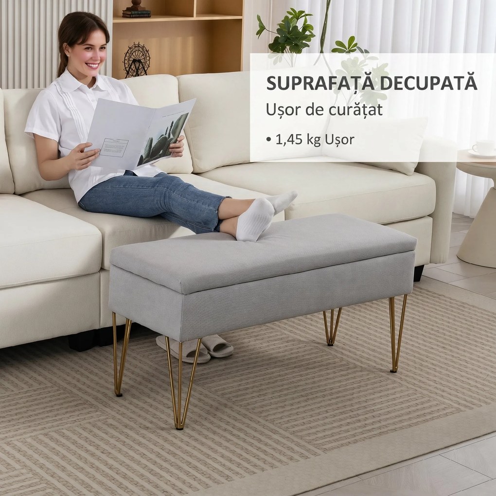 HOMCOM Bancă cu Depozitare din Material Textil și Picioare din Oțel, 100x40x49 cm, Gri Deschis | Aosom Romania