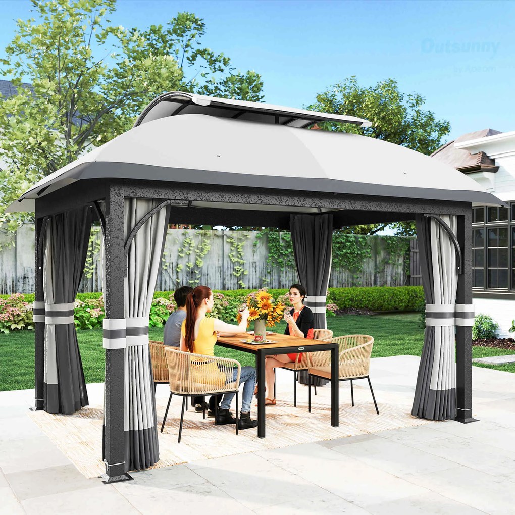 Outsunny Pavilion de Grădină cu Perdele, Plasă, Acoperiș Ventilat și Cadru Metalic Galvanizat, 395x330x294 cm, Gri | Aosom Romania