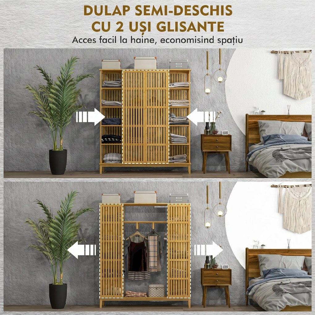 HOMCOM Dulap Deschis din Bambus cu 2 Uși Glisante, Garderobă cu Rafturi și Bară de Haine, 145x35x165 cm, Lemn Natural | Aosom Romania
