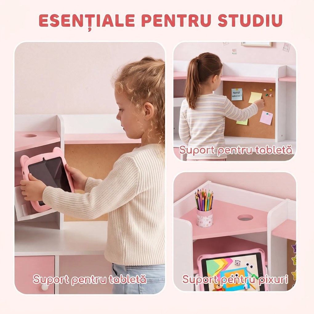 AIYAPLAY Set birou și scaun pentru copii 5-12 ani, cu bibliotecă, suport pentru creioane și suport reglabil pentru tabletă, roz | Aosom Romania