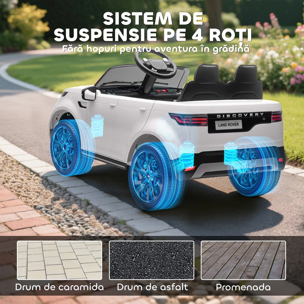 HOMCOM Mașinuță Electrică pentru Copii 3-6 Ani sub Licență Land Rover Discovery 12V, 2.5-4.5 km/h Auto Electrică pentru Copii cu 2 Motoare, Suspensii, Telecomandă, USB, Muzică, Faruri și Claxon, Alb | Aosom Romania