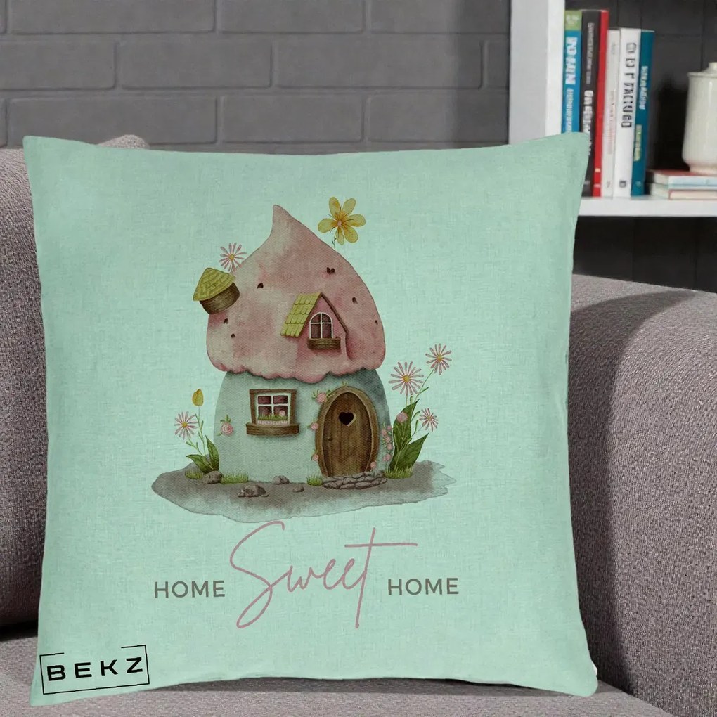Perna Decorativa Home Sweet Home Casuta, 40x40 cm, Verde Menta, Husa Detasabila, Perna Inclusa, BEKZ®