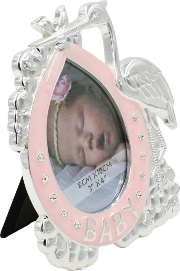 Ramă Foto BABY Barză Roz AZAY cu Cristale, 8x10 cm, Ramă Foto Nou-Născut, Cadou Botez Fetiță, Cutie Cadou Inclusă