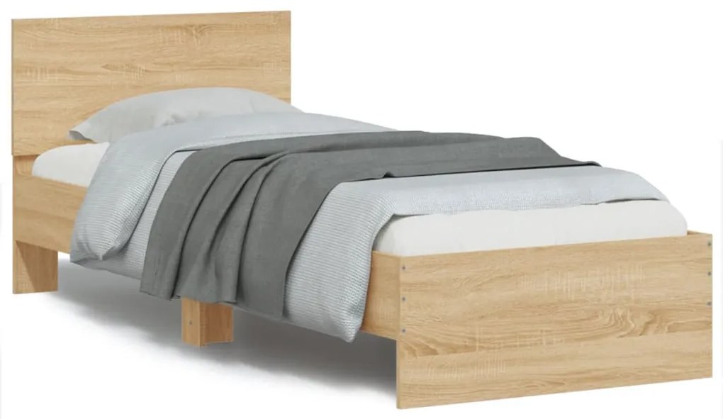 vidaXL Cadru de pat cu tăblie și lumini LED, stejar sonoma, 90x190 cm