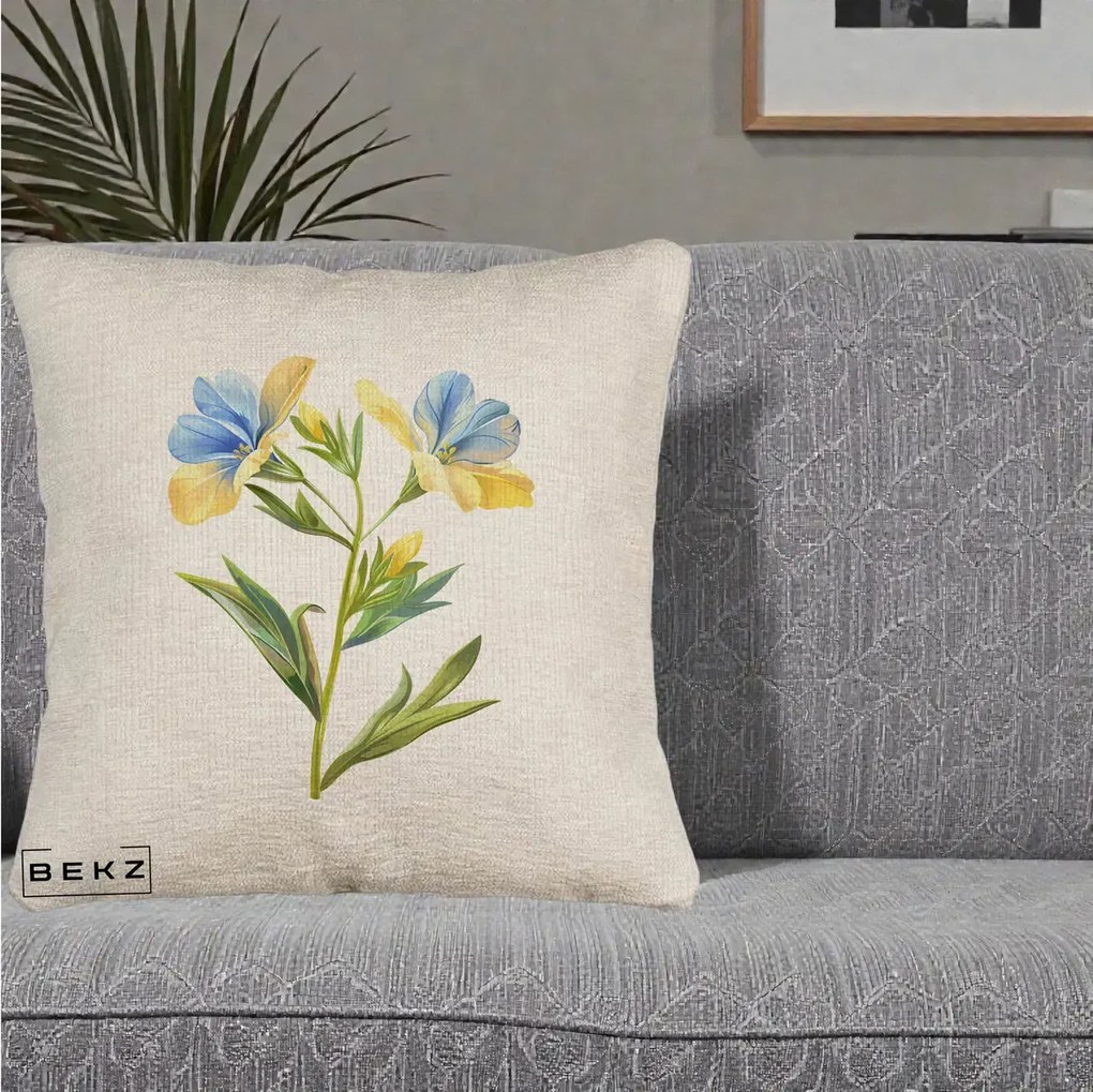 Perna Decorativa Botanica Frezie Galbena si Albastra, 40x40 cm, Bej Canapea, Husa Detasabila, Perna Inclusa, BEKZ®