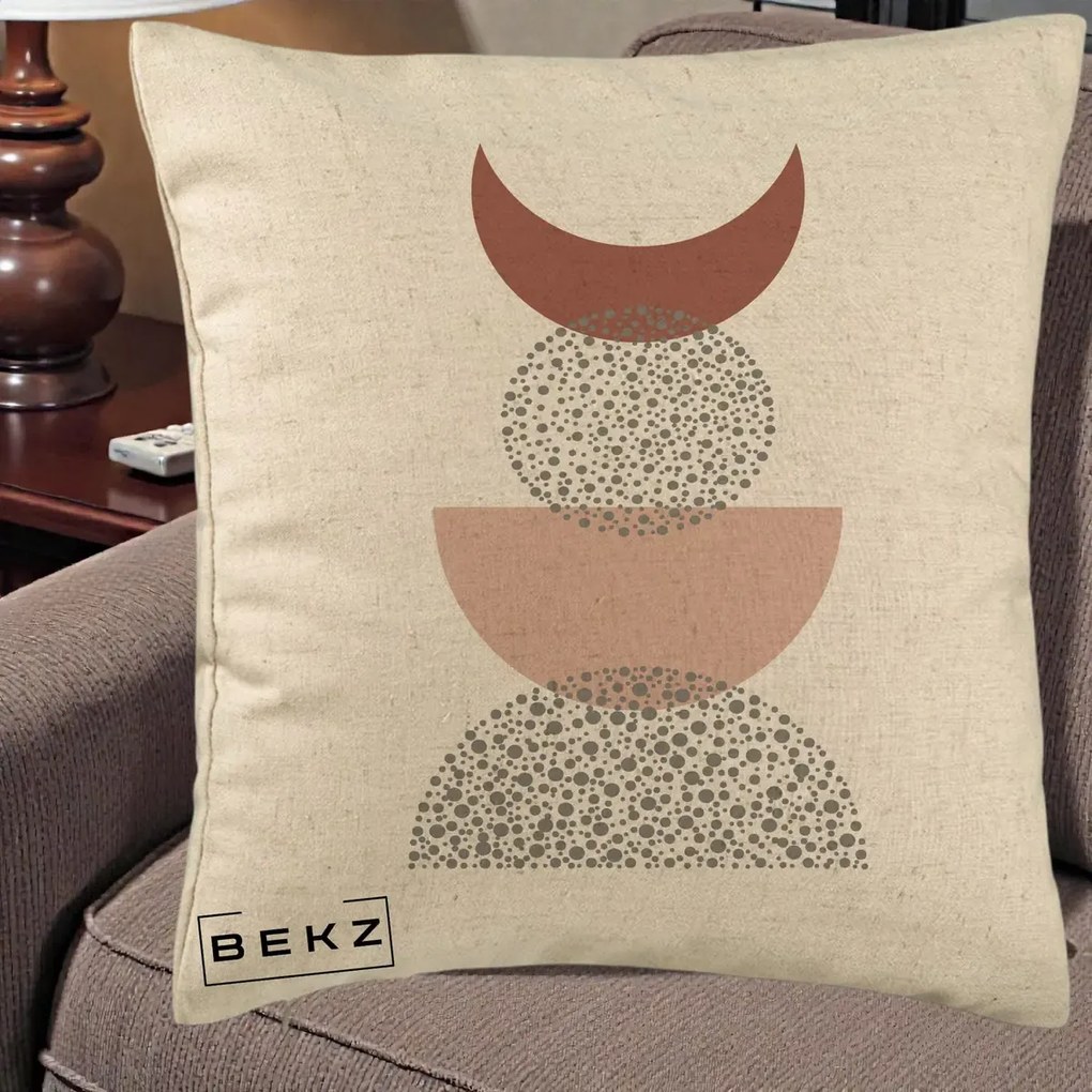 Perna Decorativa Boho Luna Plina si Forme Punctate, 40x40 cm, Bej, Husa Detasabila, Perna Inclusa, BEKZ®
