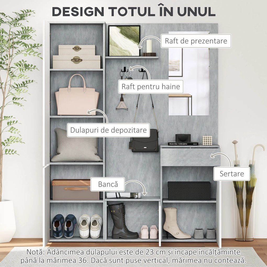 HOMCOM Mobilier 4 în 1 cu Oglindă, Cuiere și Rafturi Interioare Reglabile, Mobilier Multifuncțional, 145x29x184 cm, Gri | Aosom Romania