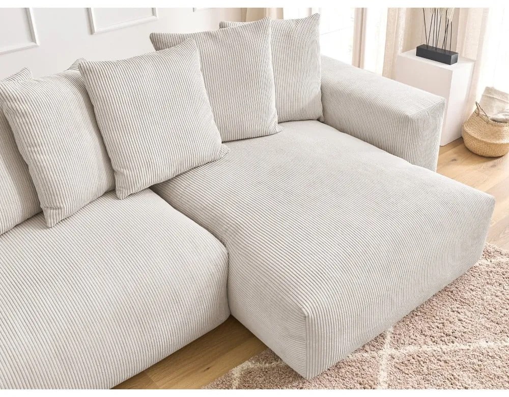 Colțar crem extensibil/cu spațiu de depozitare cu tapițerie din catifea reiată Voltaire – Bobochic Paris