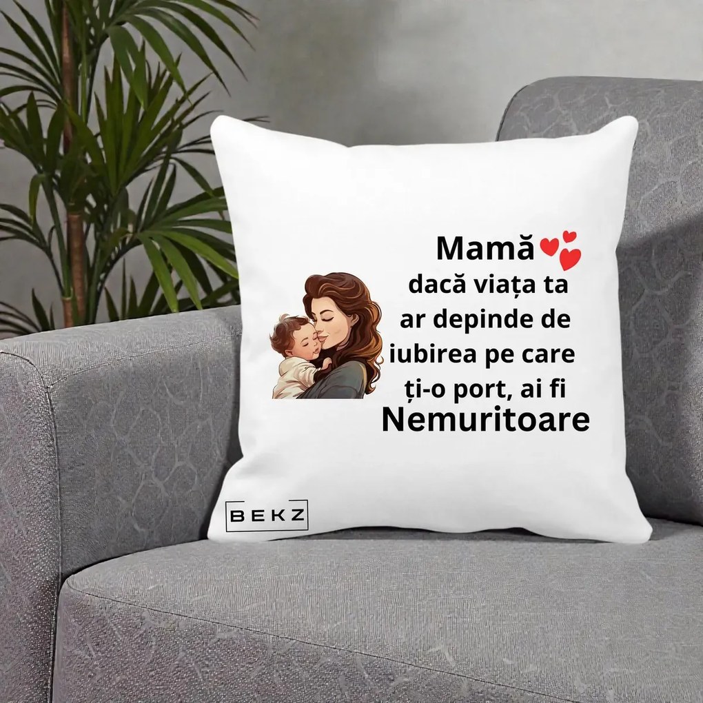 Cadou pentru Mama - Perna Personalizata Mama Nemuritoare cu Bebelus Lineart, 40x40 cm, Alba Mata, Husa Detasabila, Perna Inclusa, BEKZ®