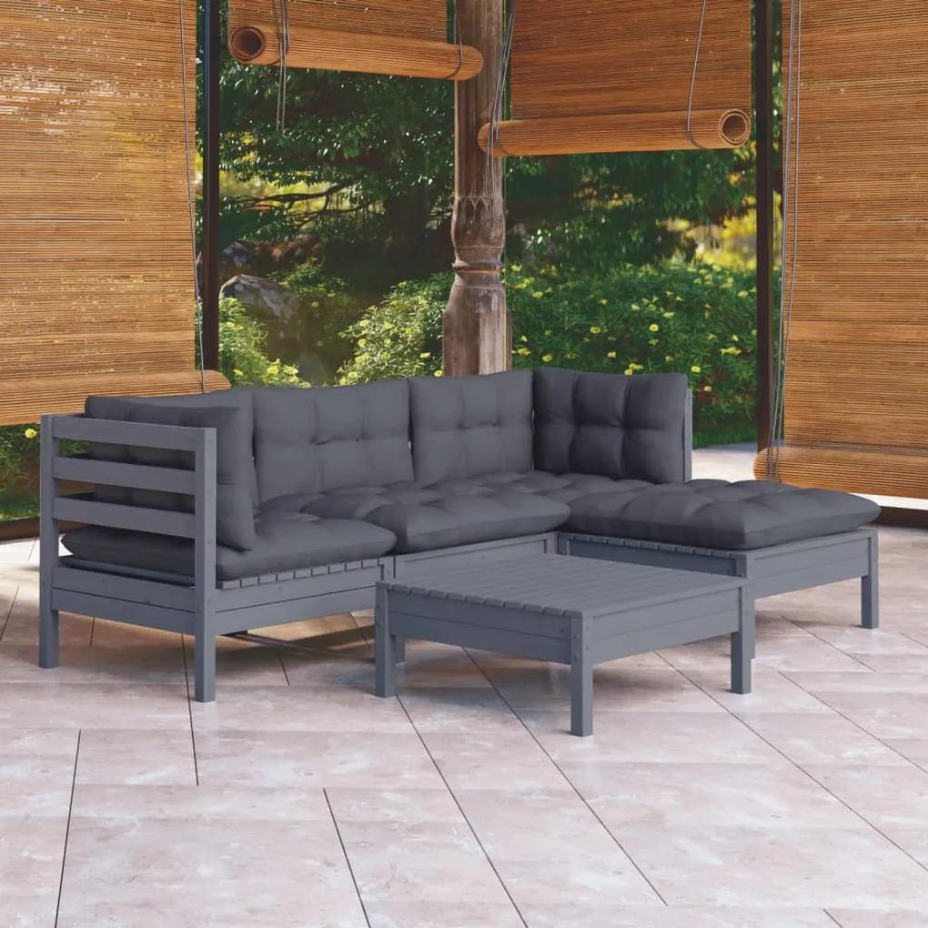 3096354 vidaXL Set mobilier de grădină cu perne, 5 piese, gri, lemn de pin
