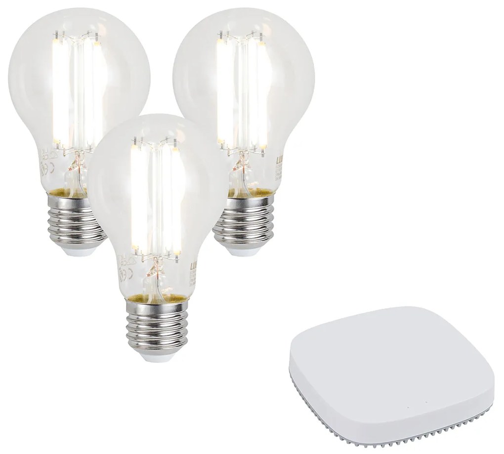 Set de 3 becuri LED inteligente E27, reglabile, A60, 7W, 806LM, 2700-6500K, incl. Hub inteligent Zigbee