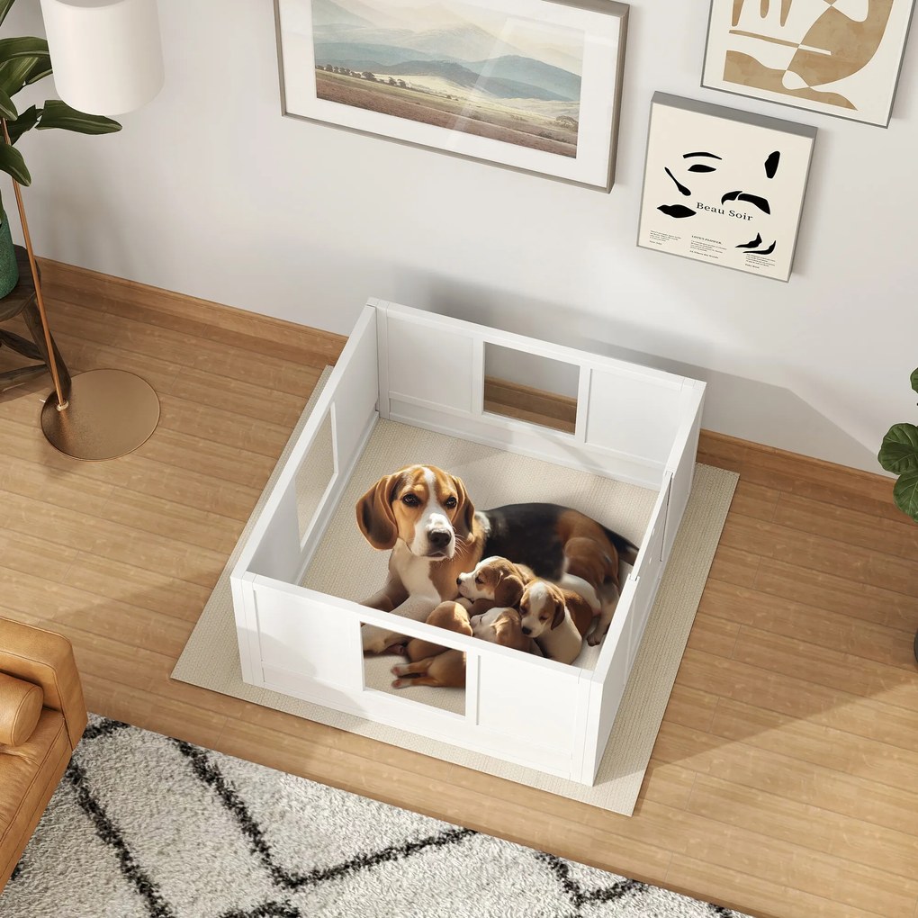 PawHut Cușcă pentru pui pentru câini mici și de talie medie, cușcă de fătare pentru câini cu intrare ajustabilă, tampoane antiderapante, Alb | Aosom Romania