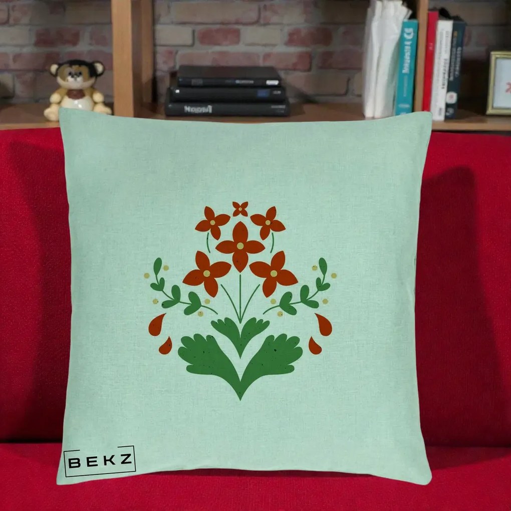 Perna Decorativa Buchet Floral Folk Rosu-Verde, 40x40 cm, Verde Menta, Husa Detasabila, Perna Inclusa, BEKZ®