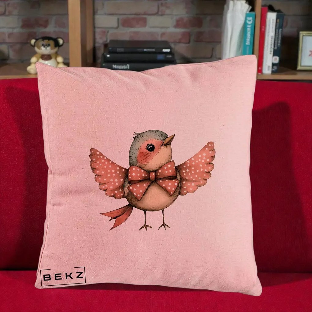 Perna Decorativa Pasare Roz cu Aripi si Fundita, 40x40 cm, Roz, Husa Detasabila, Perna Inclusa, BEKZ®