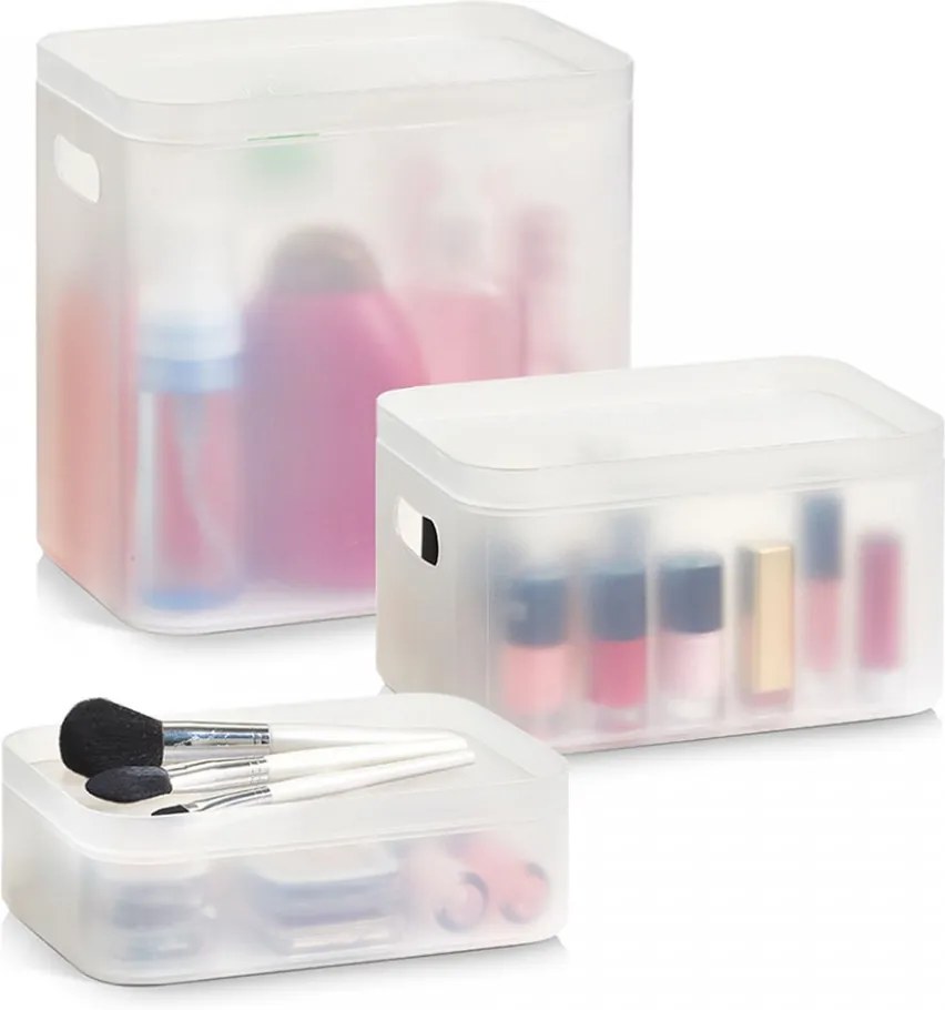 Set 3 cutii cu capac transparente din plastic pentru cosmetice Stackable Box Big Zeller