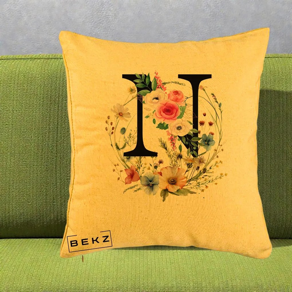 Cadou Personalizat - Perna Personalizata Monogram Litera N cu Flori Acuarela, 40x40 cm, Galben, Husa Detasabila, Perna Inclusa, BEKZ®