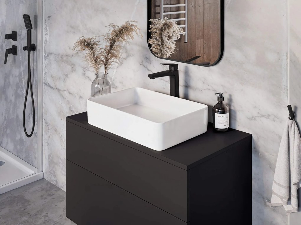 Dulap baie suspendat 80x52x47 cm pentru lavoar, negru mat, MDF, Deante Prizma Negru mat