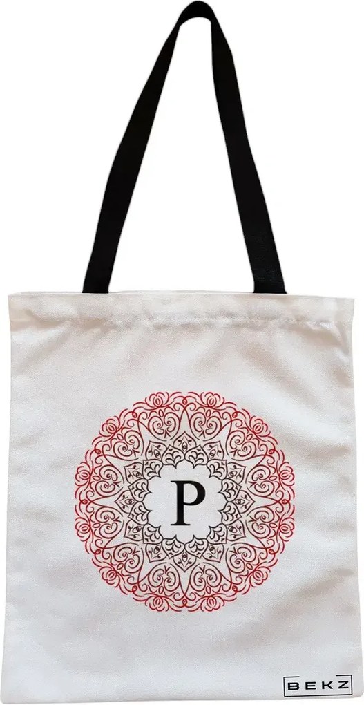 Sacosa de Panza pentru Cumparaturi, Geanta Tote, Cu litera P si Mandala, Cu fermoar, 38x34.5 cm, Alba, BEKZ®