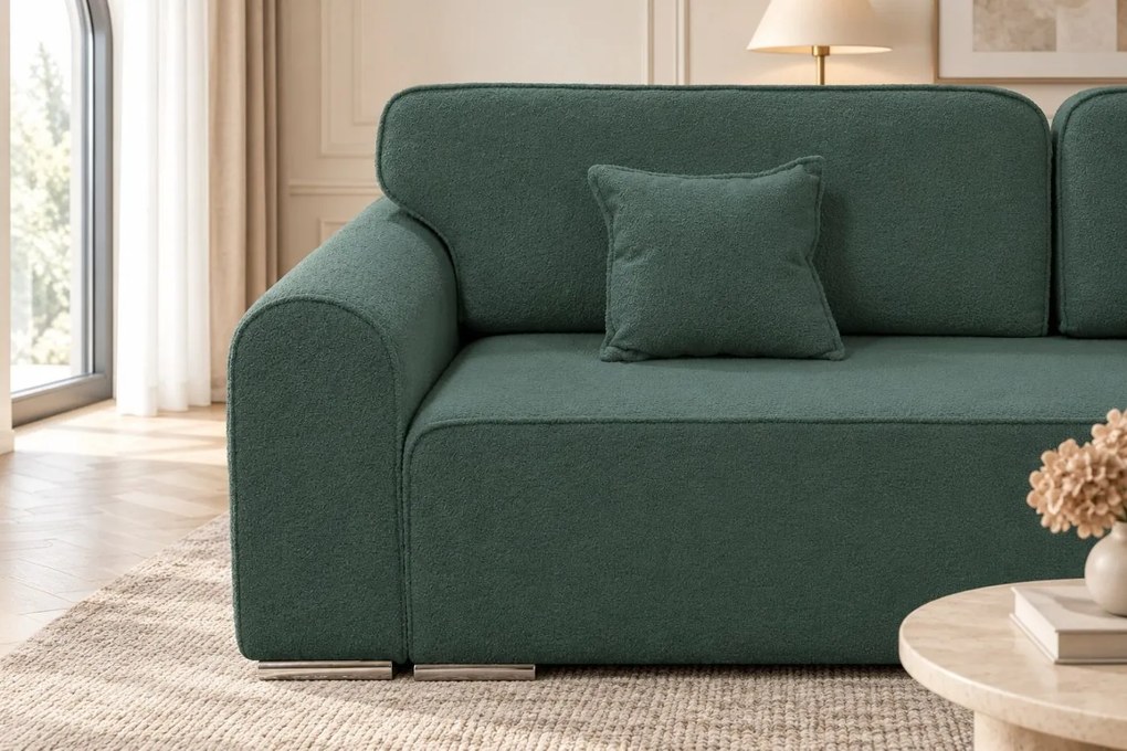 Canapea extensibilă Fiorella din boucle, verde salvie, cu ladă de depozitare