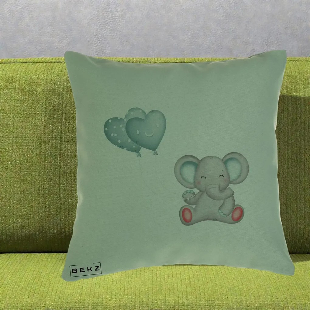 Perna Decorativa, Model Elefant si baloane in forma de inimioare, 40x40 cm, Verde, Husa Detasabila, Perna Inclusa, BEKZ®
