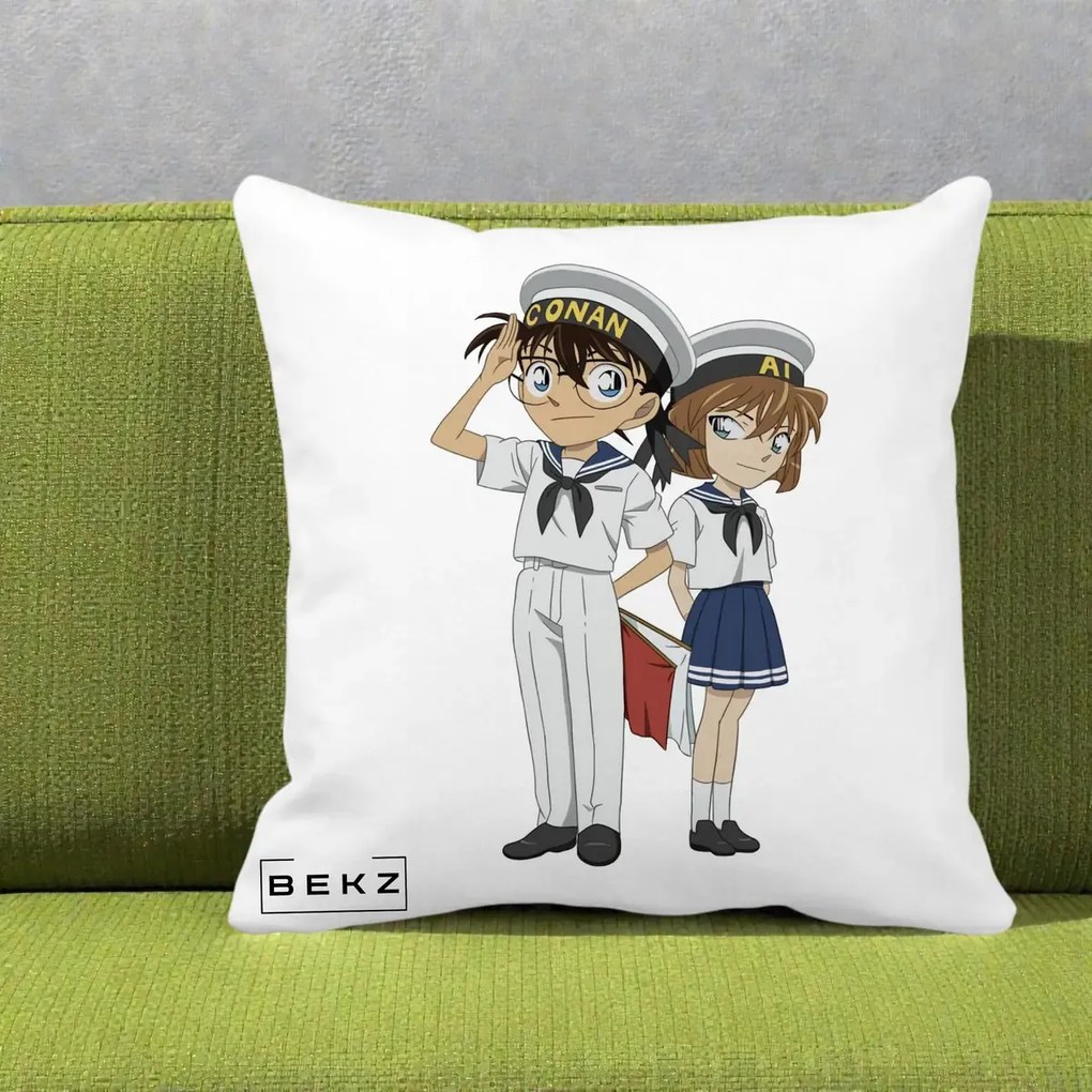 Perna Personalizata Detective Conan Conan si Ai Sailor, 40x40 cm, Alba Mata, Husa Detasabila, Perna Inclusa, BEKZ®